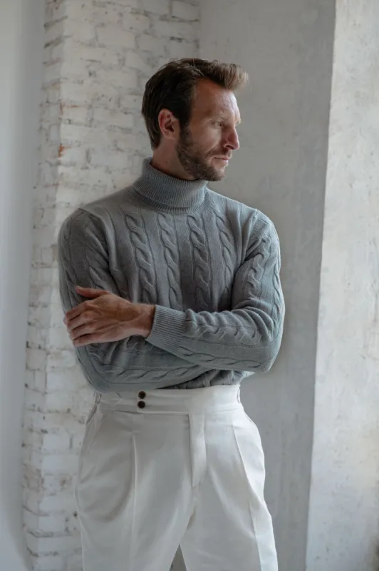 Mid grey cable knit turtleneck – Made in Italy sold by Pini Parma