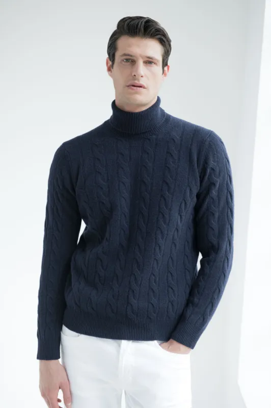 Blue cable knit turtleneck – Made in Italy sold by Pini Parma