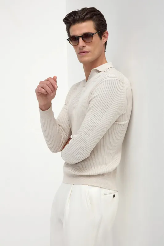 Stone thin rib long sleeve polo - Made in Italy sold by Pini Parma