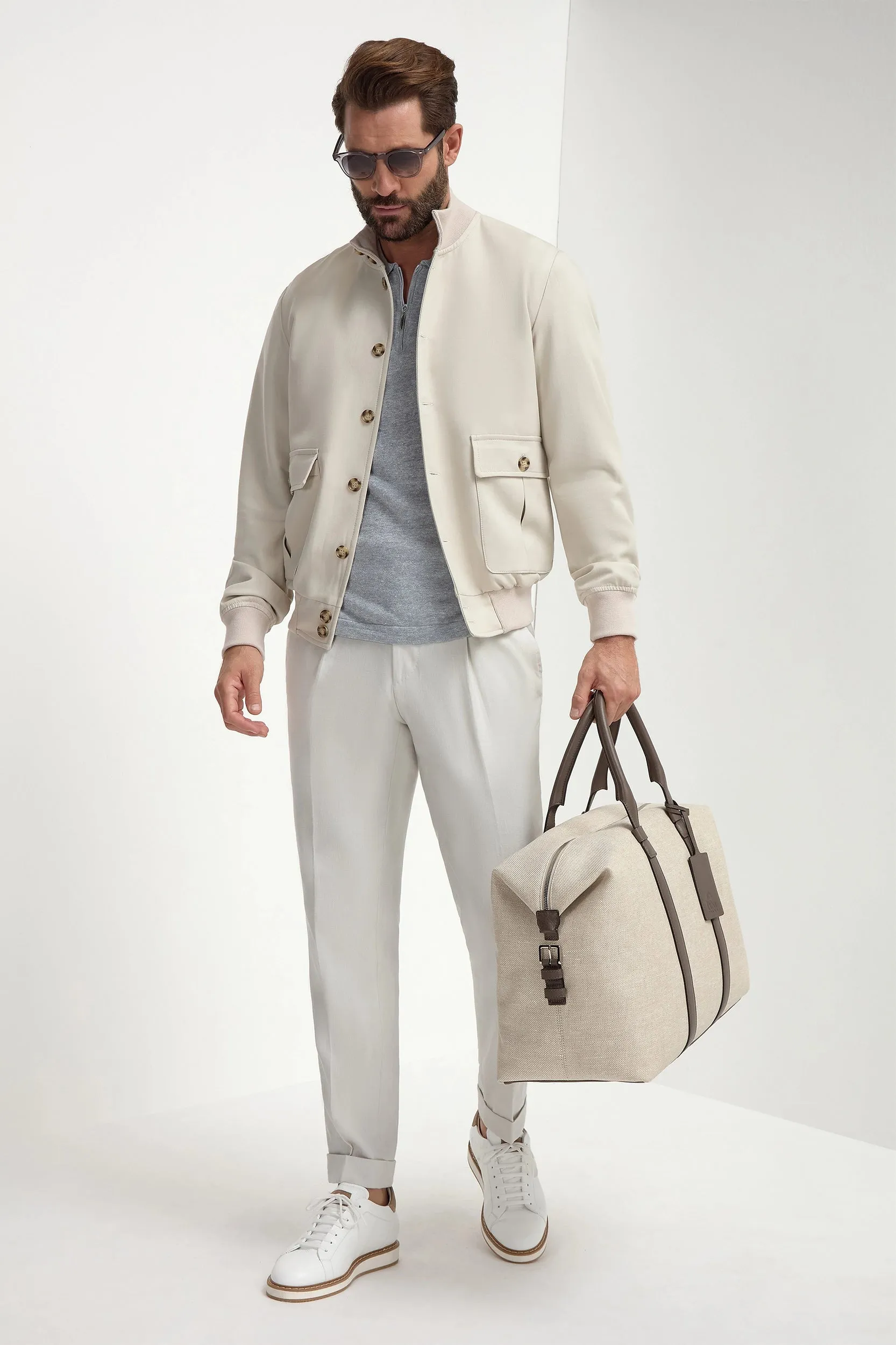 Beige cotton and silk bomber - Made in Italy sold by Pini Parma
