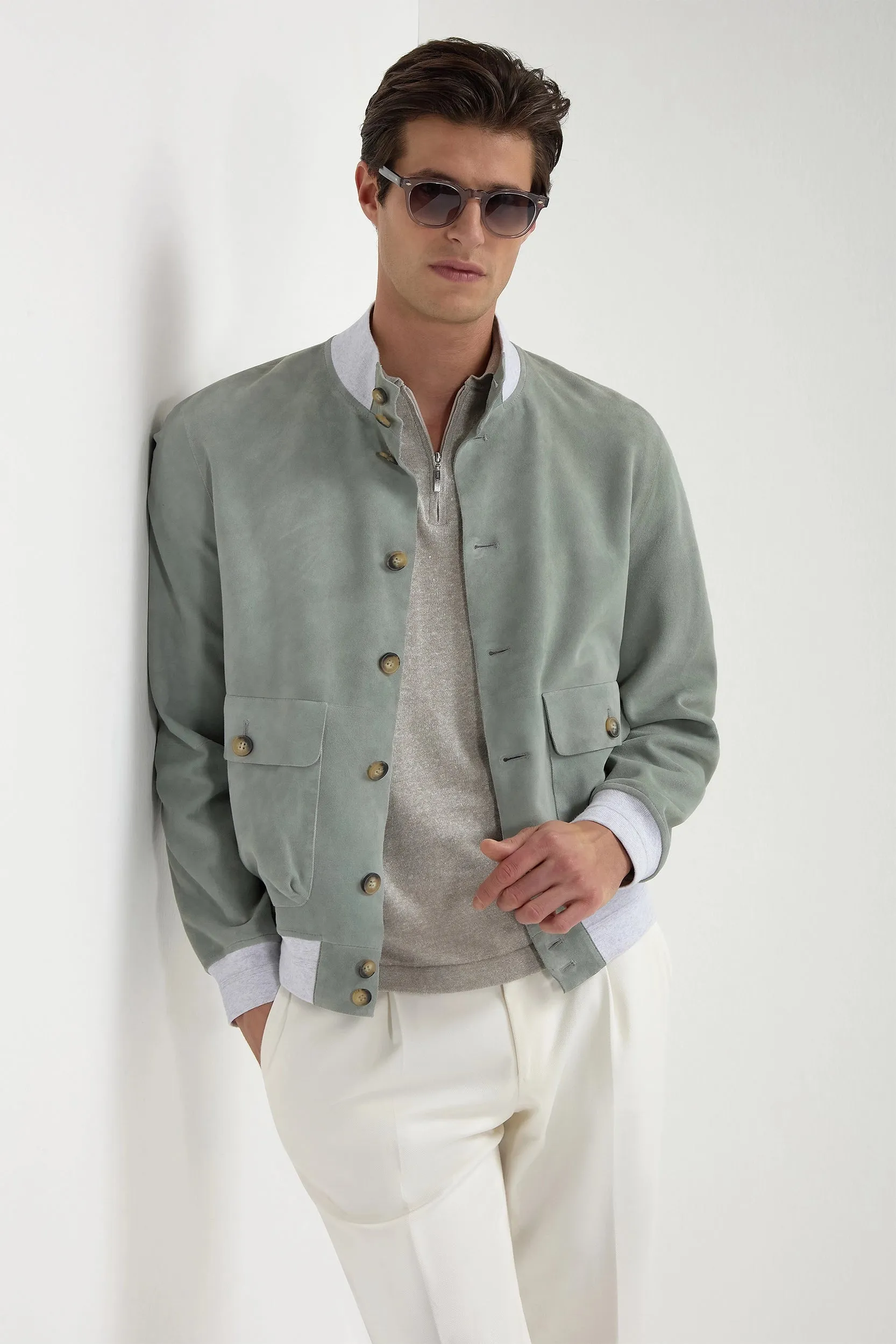 Sage suede bomber – Made in Italy sold by Pini Parma