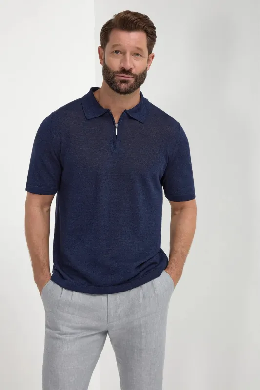 Blue linen and cotton zipped polo - Made in Italy sold by Pini Parma