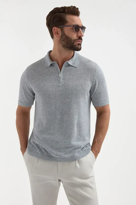 Sky grey linen and cotton zipped polo - Made in Italy sold by Pini Parma