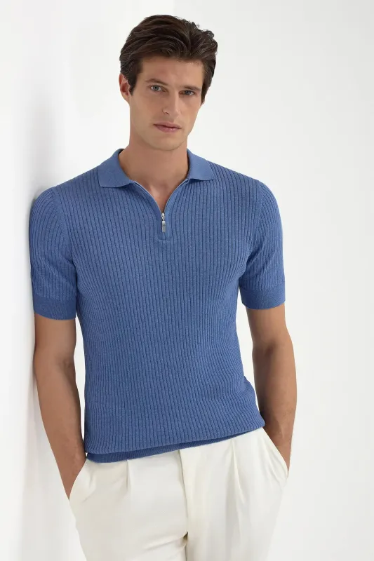 Sky blue thin rib zipped polo - Made in Italy sold by Pini Parma