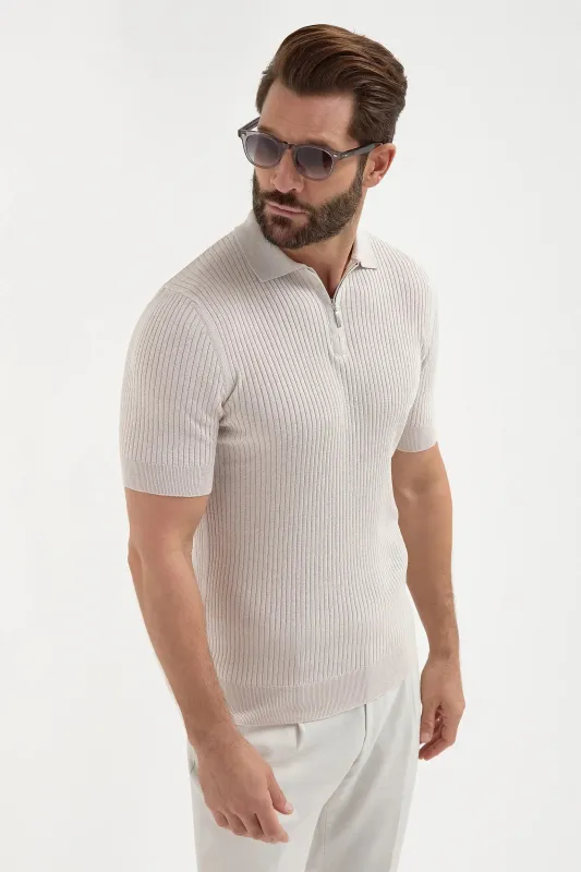 Stone thin rib zipped polo - Made in Italy sold by Pini Parma
