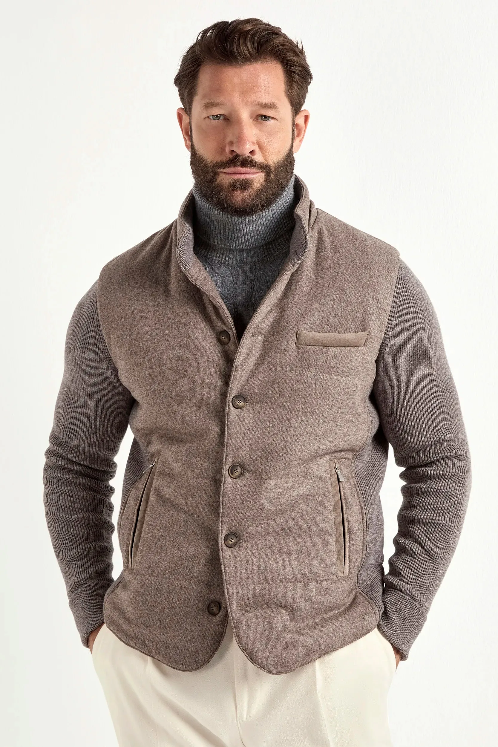 Taupe flannel and knit hooded jacket - Made in Italy sold by Pini Parma