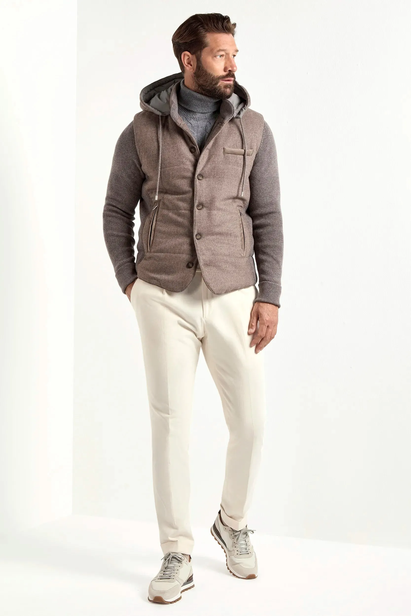 Taupe flannel and knit hooded jacket - Made in Italy sold by Pini Parma product image thumbnail 3