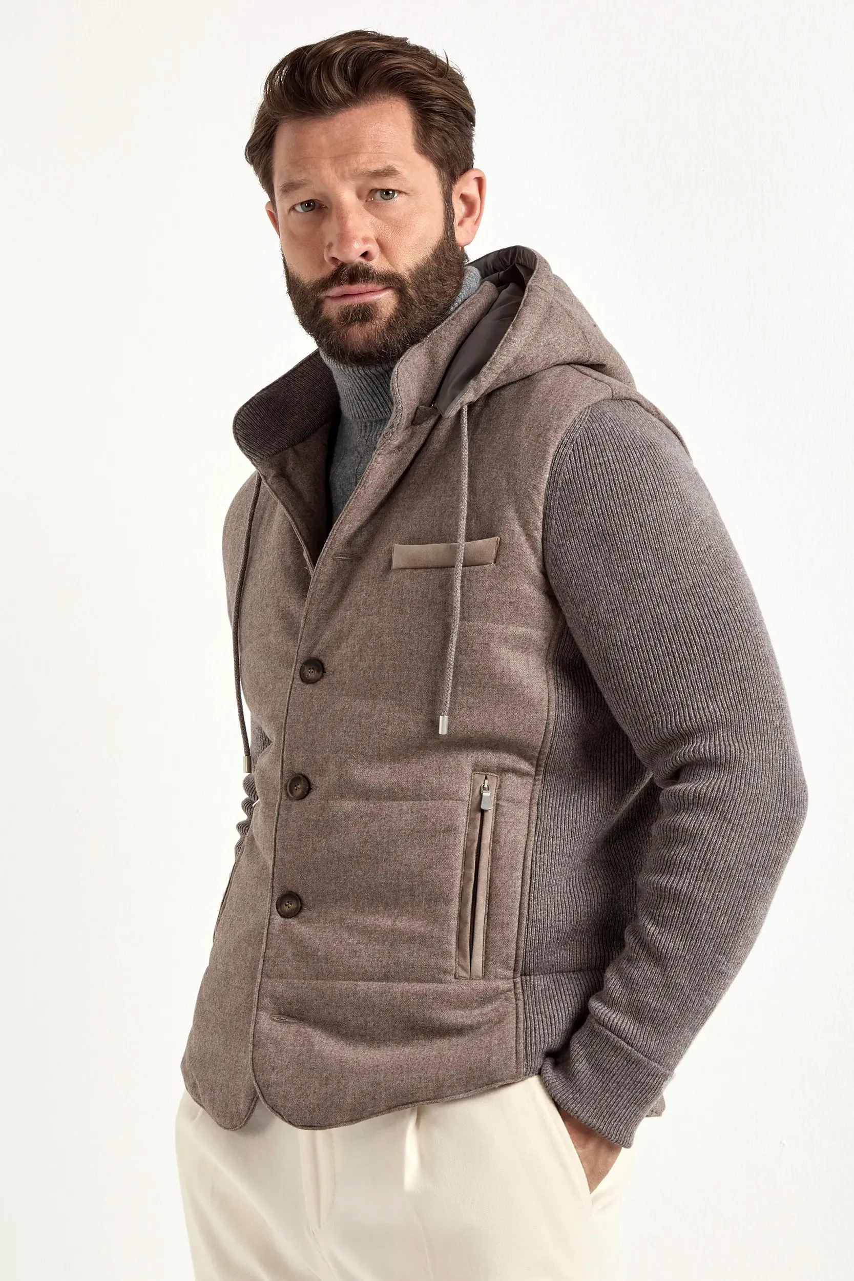 Taupe flannel and knit hooded jacket - Made in Italy sold by Pini Parma product image thumbnail 4