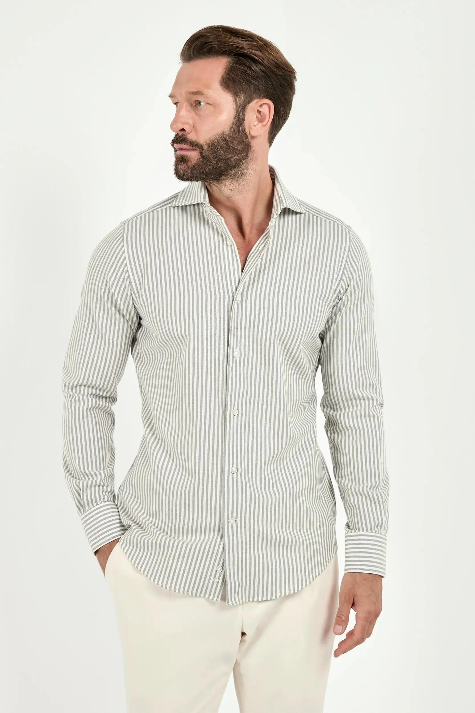 Grey striped cotton and cashmere shirt - Made in Italy sold by Pini Parma