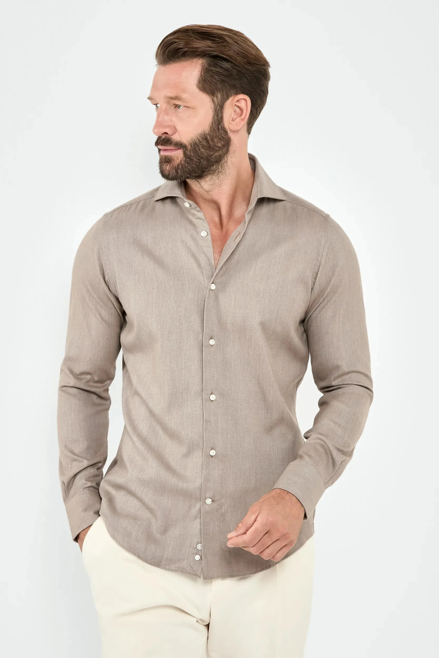 Taupe cotton and Tencel™ shirt - Made In Italy sold by Pini Parma