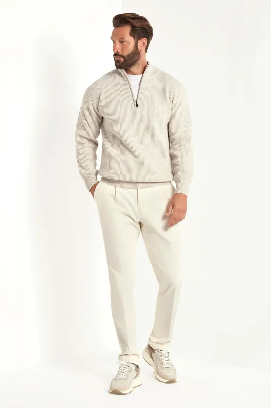Sand cashmere blend ribbed half zip - Made in Italy sold by Pini Parma