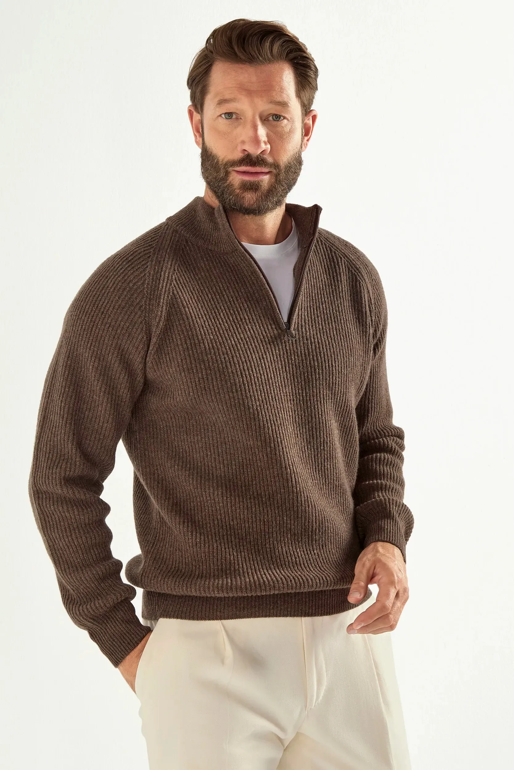 Brown cashmere blend ribbed half zip - Made in Italy sold by Pini Parma