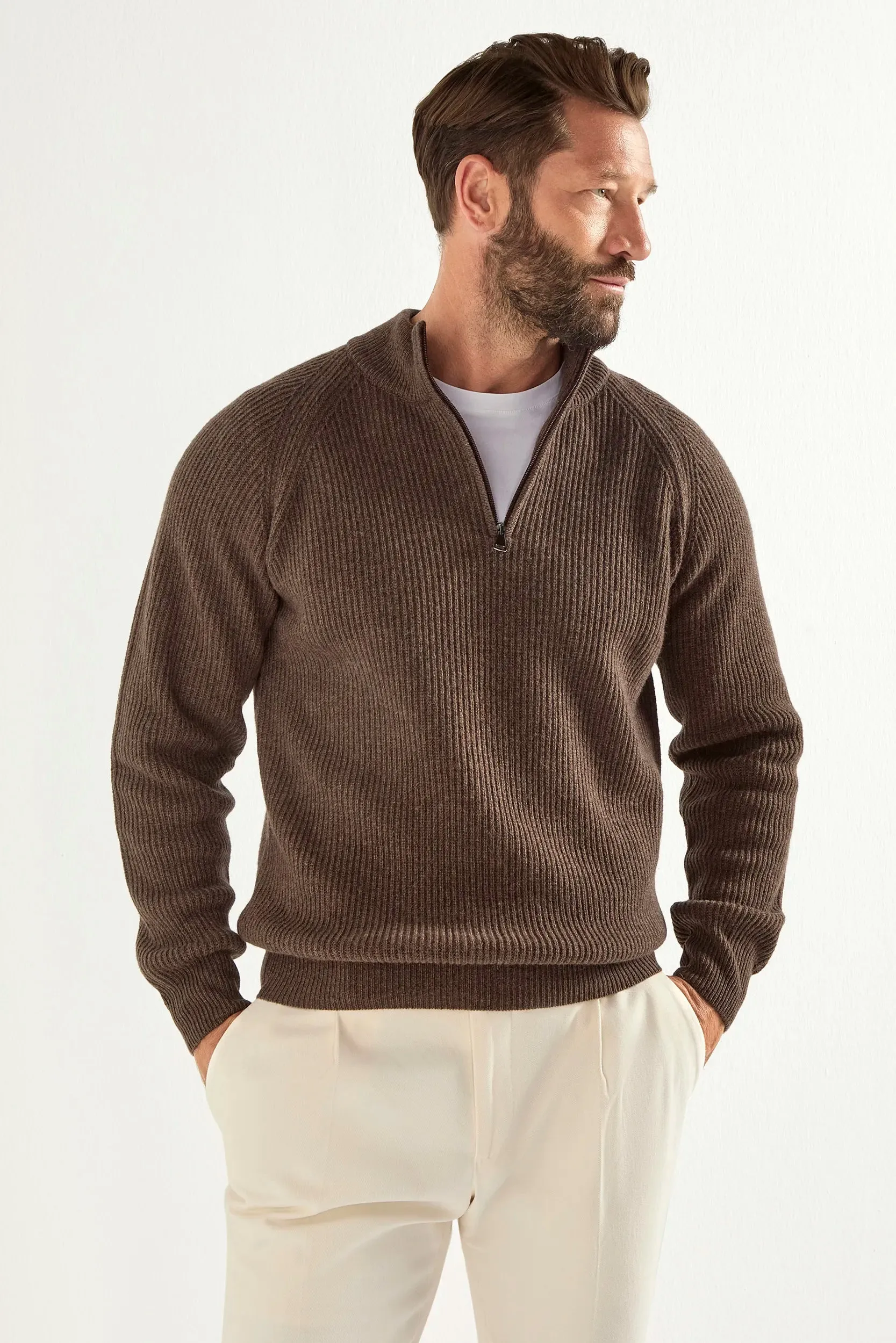 Brown cashmere blend ribbed half zip - Made in Italy sold by Pini Parma product image thumbnail 4