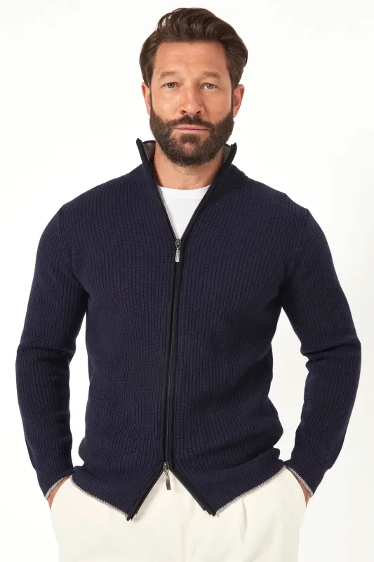 Blue ribbed cashmere blend full zip – Made in Italy sold by Pini Parma