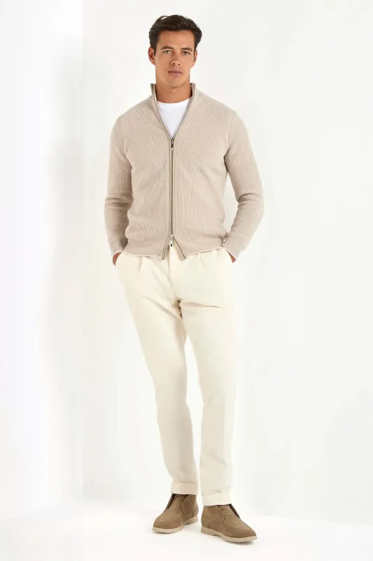 Beige ribbed cashmere blend full zip – Made in Italy sold by Pini Parma