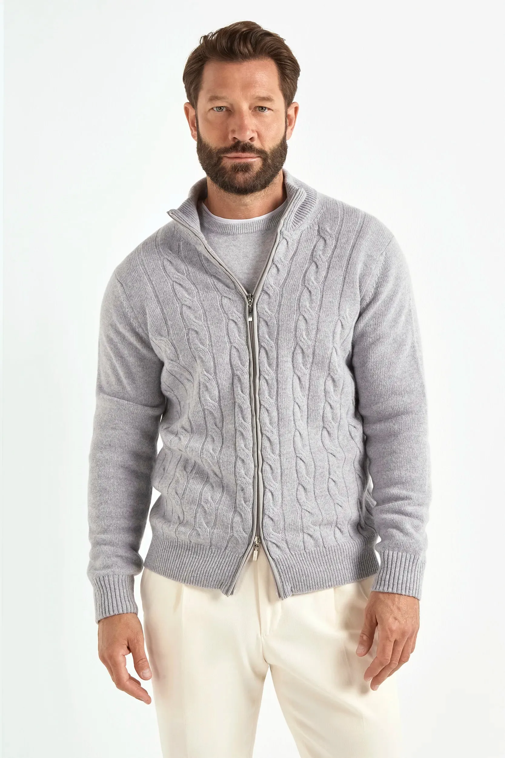 Light grey cable knit cashmere blend full zip – Made in Italy sold by Pini Parma
