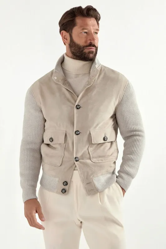 Beige suede and knit bomber - Made in Italy sold by Pini Parma