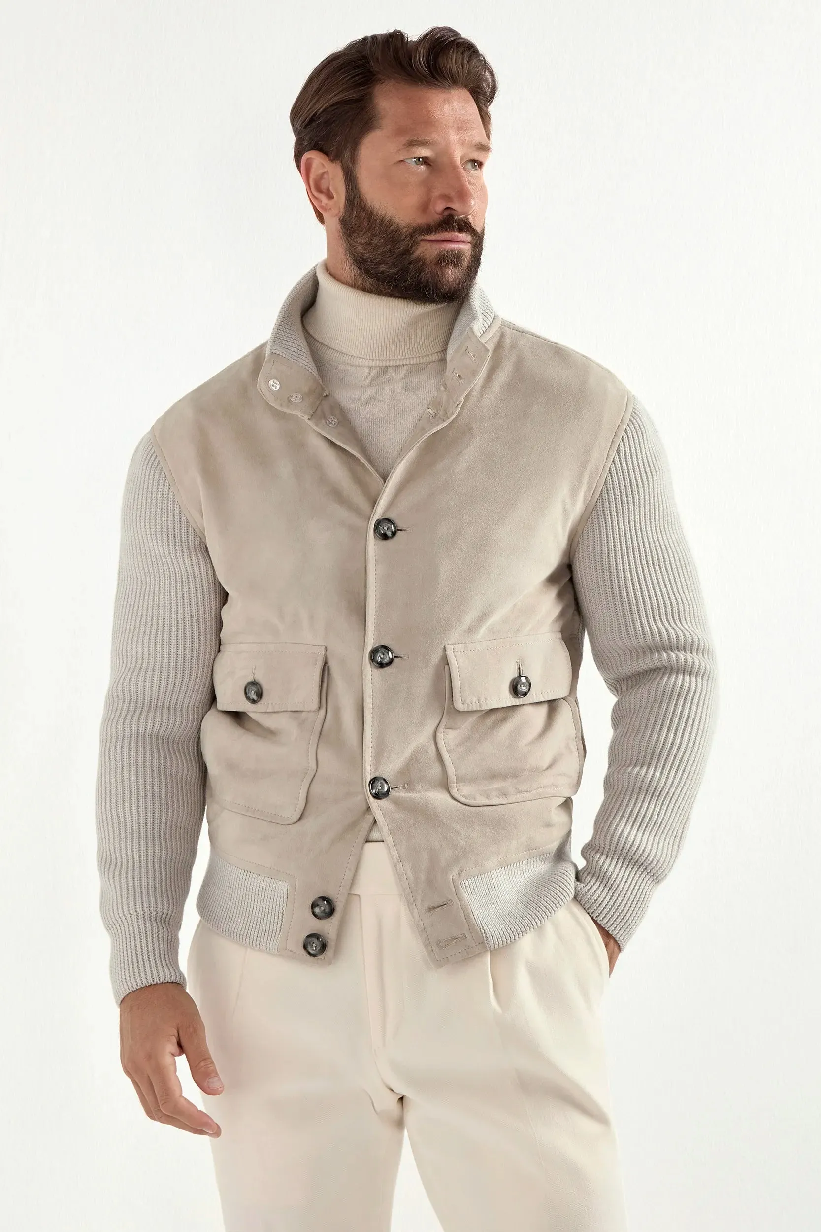 Beige suede and knit bomber - Made in Italy sold by Pini Parma