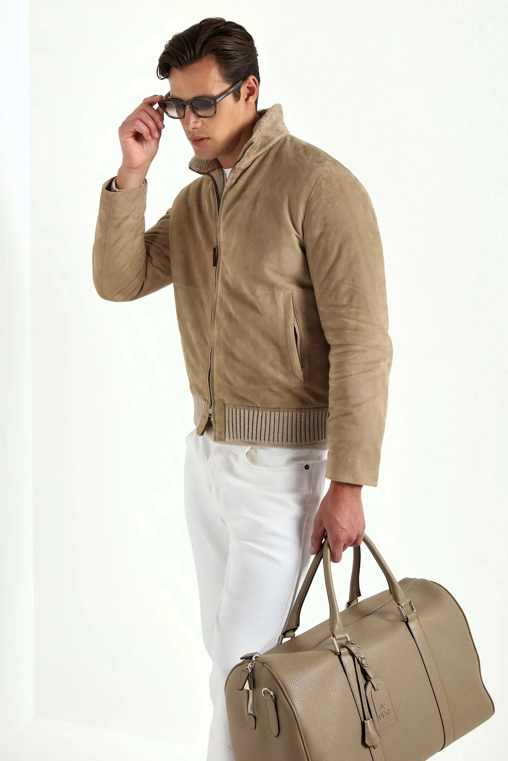 Taupe suede bomber with shearling collar - Made in Italy sold by Pini Parma product image thumbnail 4