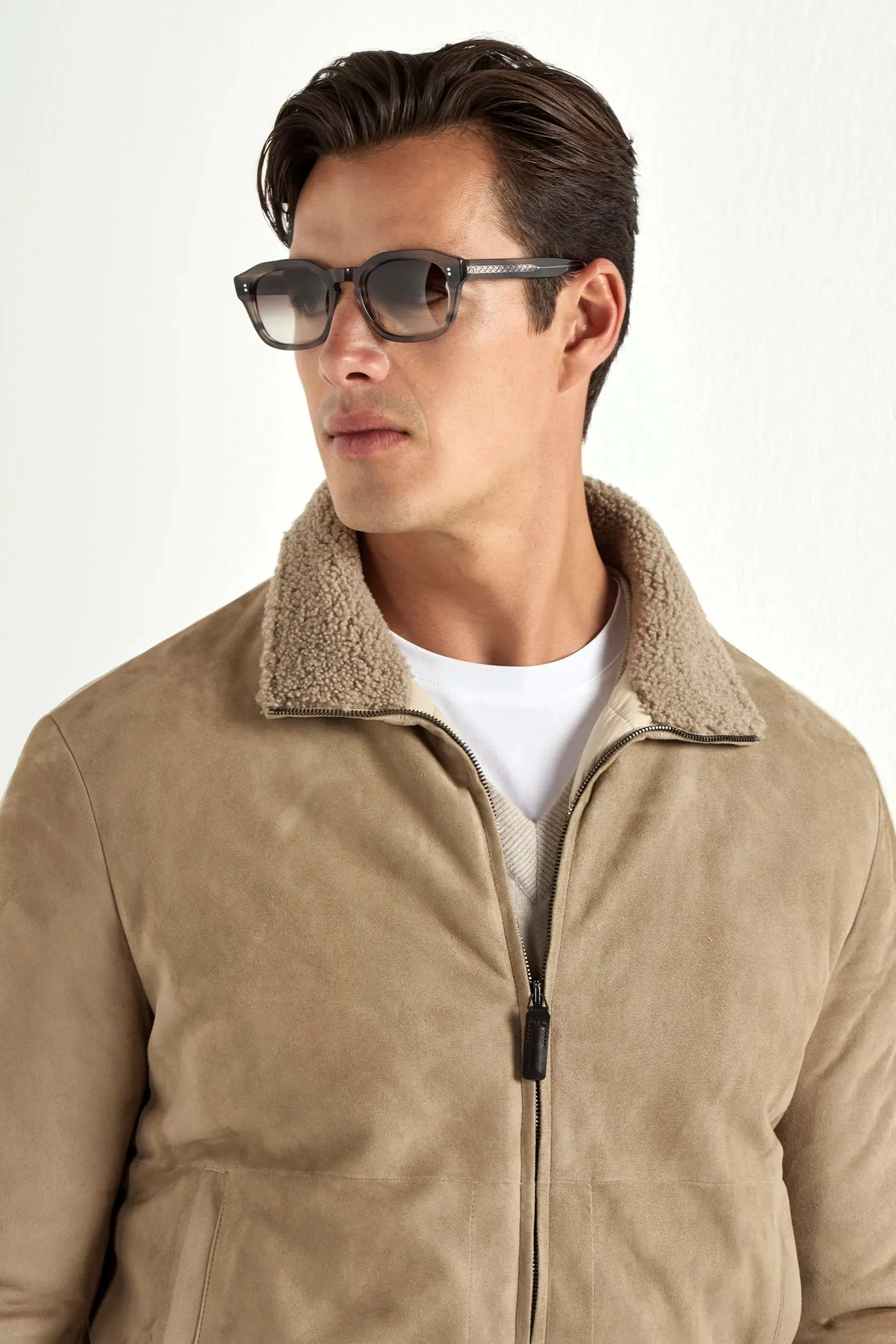 Taupe suede bomber with shearling collar - Made in Italy sold by Pini Parma product image thumbnail 5