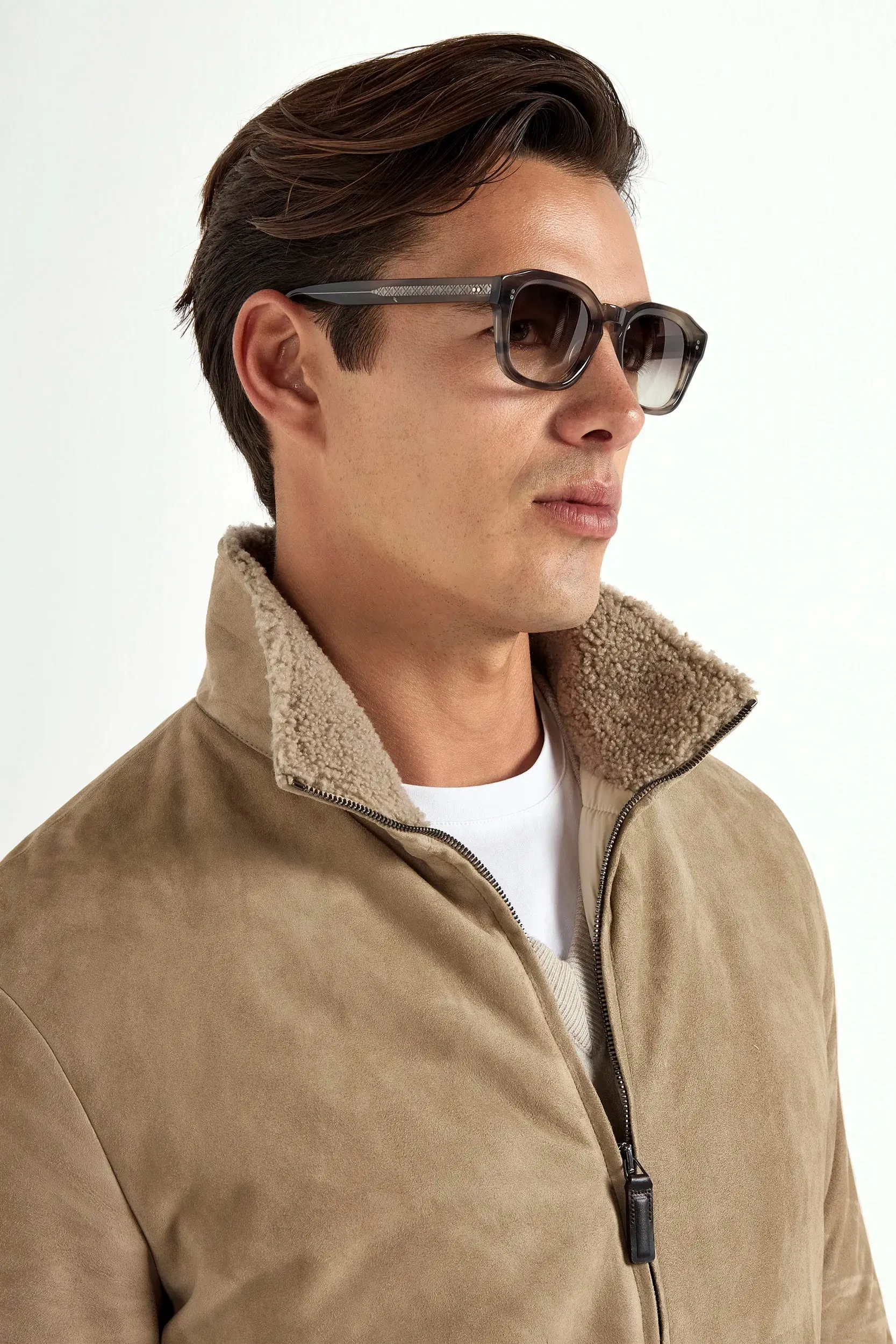 Taupe suede bomber with shearling collar - Made in Italy sold by Pini Parma product image thumbnail 2