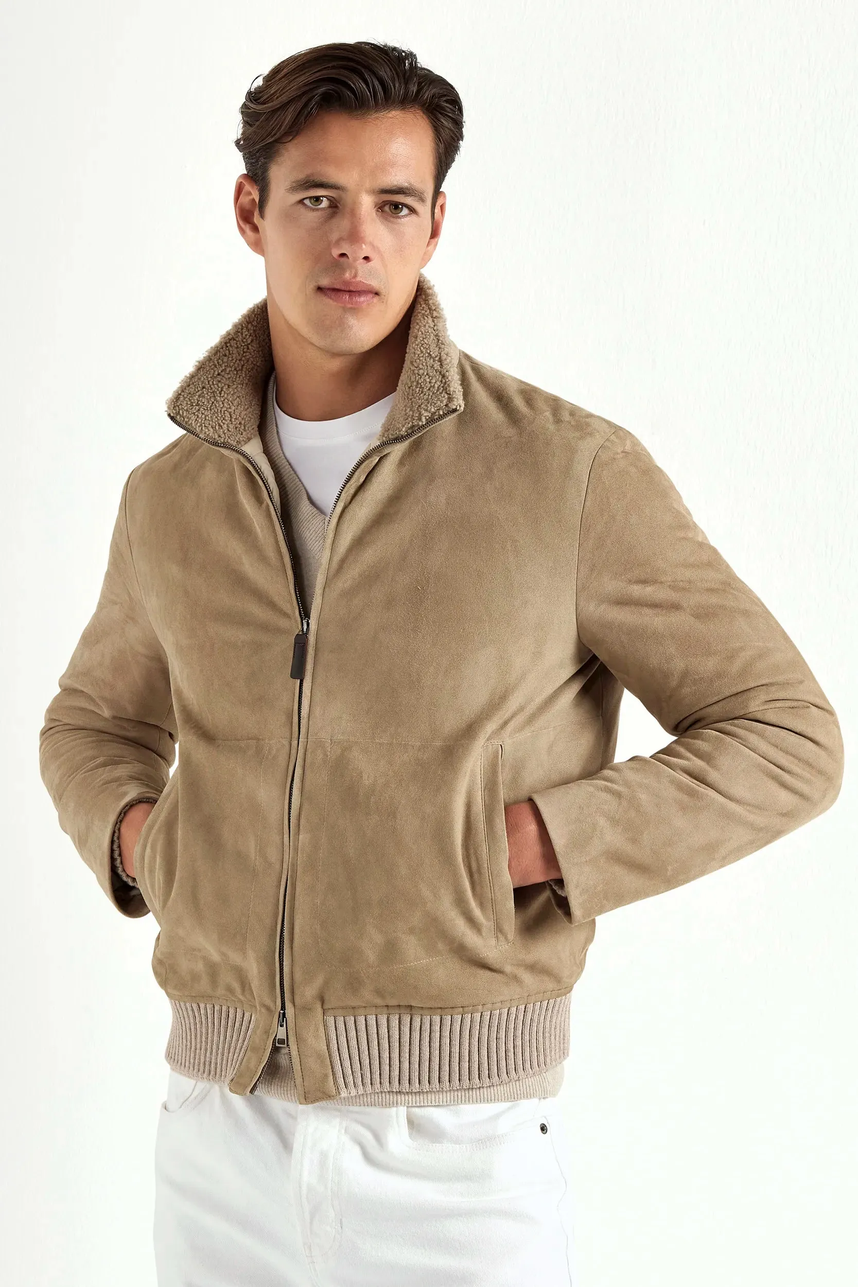 Taupe suede bomber with shearling collar - Made in Italy sold by Pini Parma