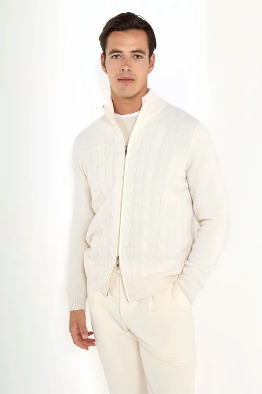White cable knit cashmere blend full zip – Made in Italy sold by Pini Parma