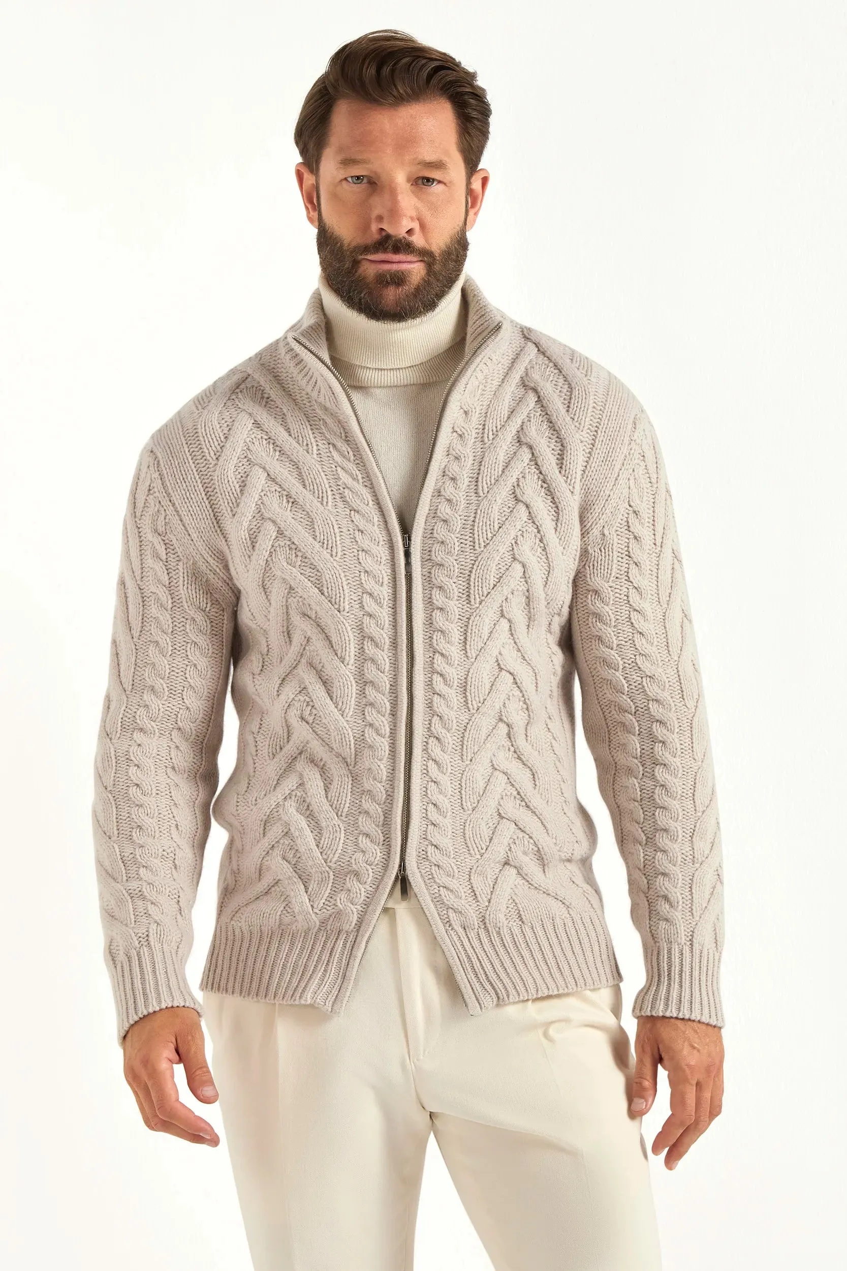 Sand jacquard full zip cardigan - Made in Italy sold by Pini Parma