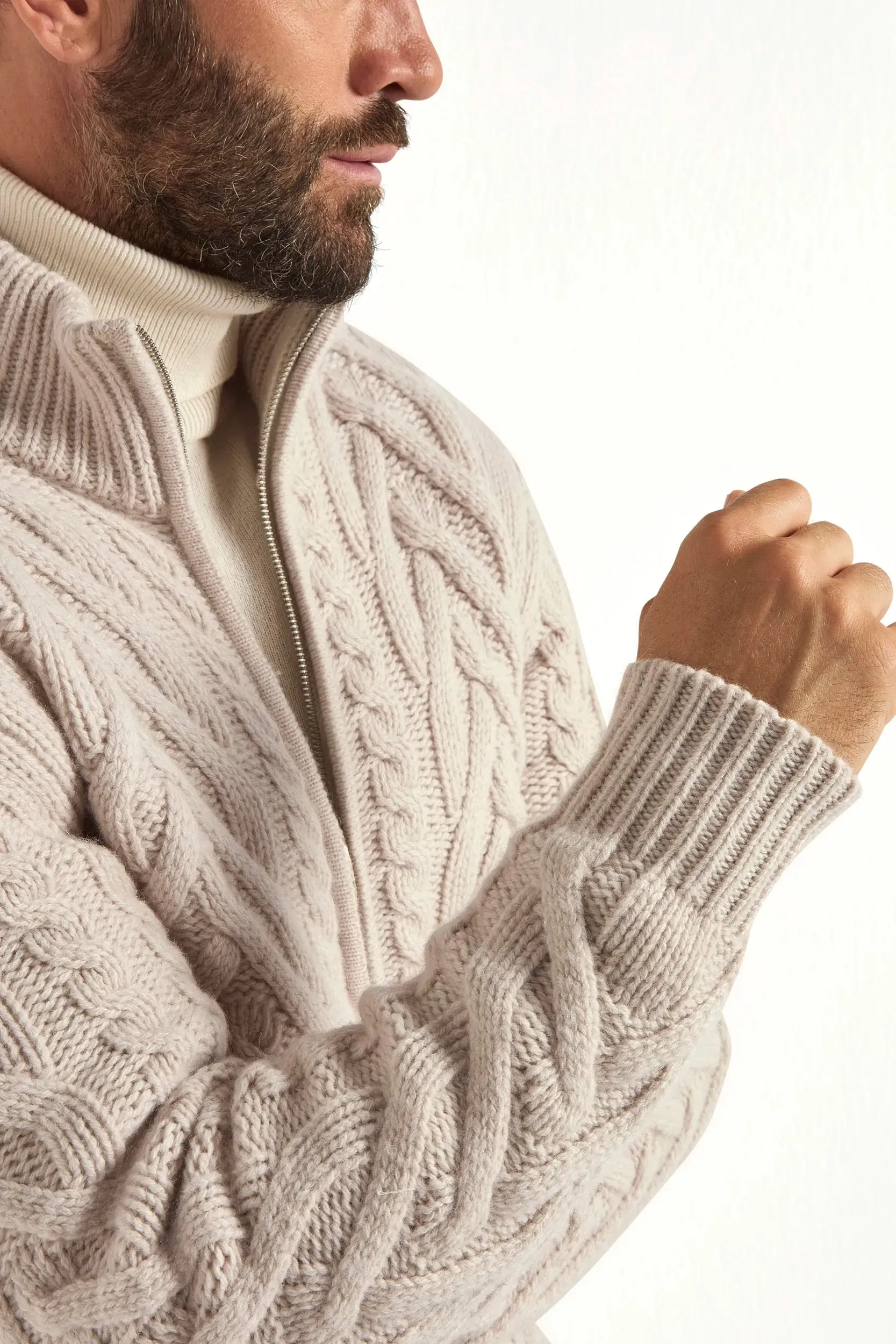 Sand jacquard full zip cardigan - Made in Italy sold by Pini Parma product image thumbnail 2