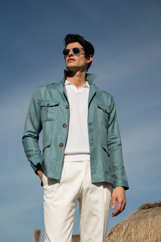Water green Safari Jacket in wool silk and linen – Made in Italy sold by Pini Parma