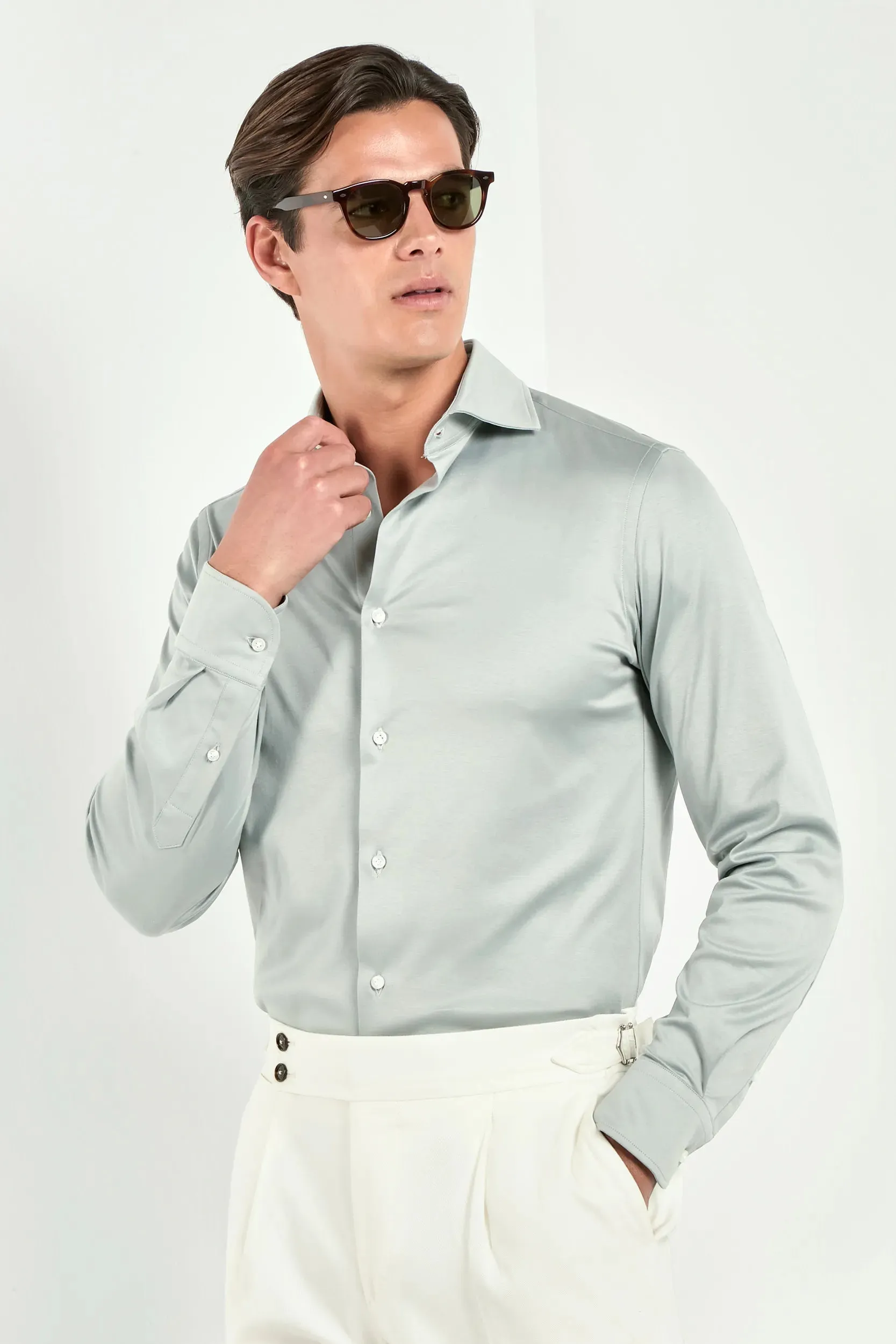 Light sage mercerised cotton shirt - Made in Italy sold by Pini Parma