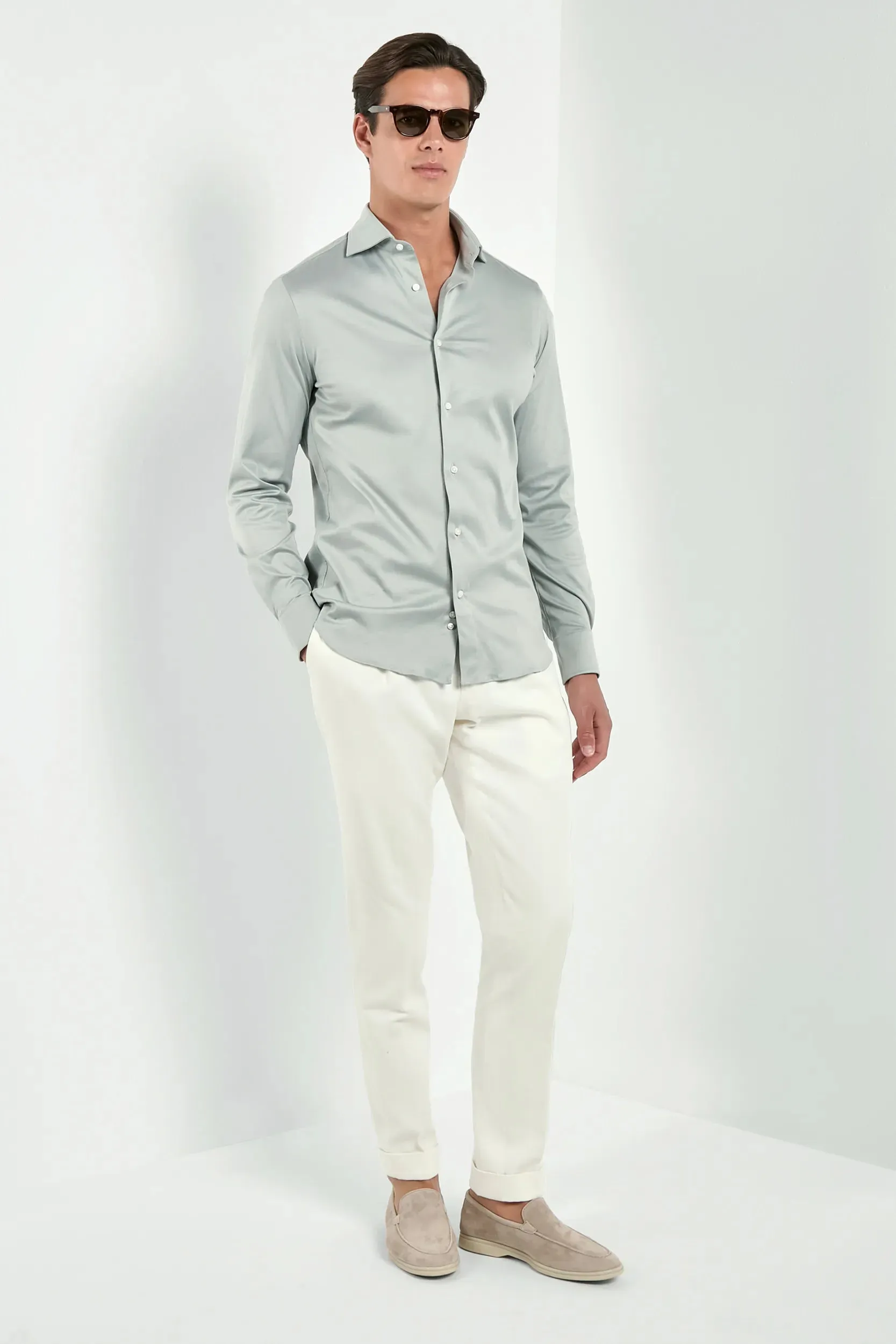 Light sage mercerised cotton shirt - Made in Italy sold by Pini Parma product image thumbnail 5