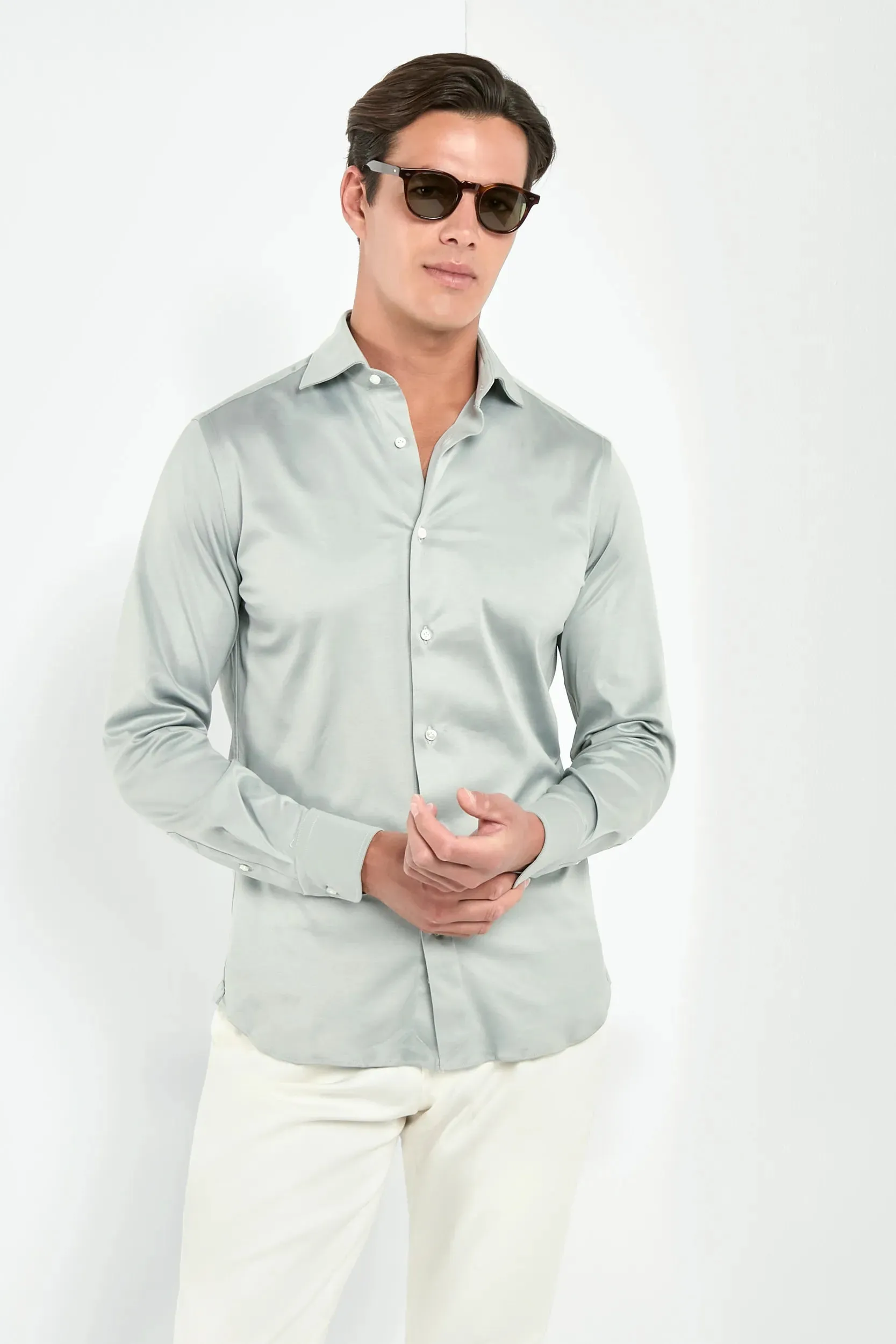 Light sage mercerised cotton shirt - Made in Italy sold by Pini Parma product image thumbnail 4
