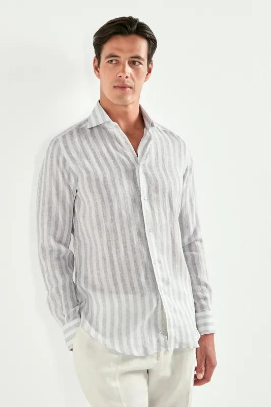 Light grey striped linen and tencel shirt - Made in Italy made by Pini Parma