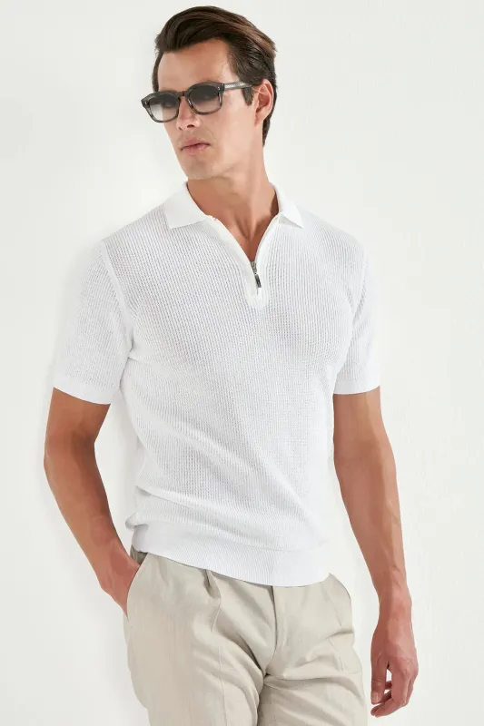 White ribbed zipped polo - Made in Italy made by Pini Parma