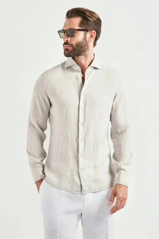Light stone garment dyed linen shirt - Made in Italy made by Pini Parma