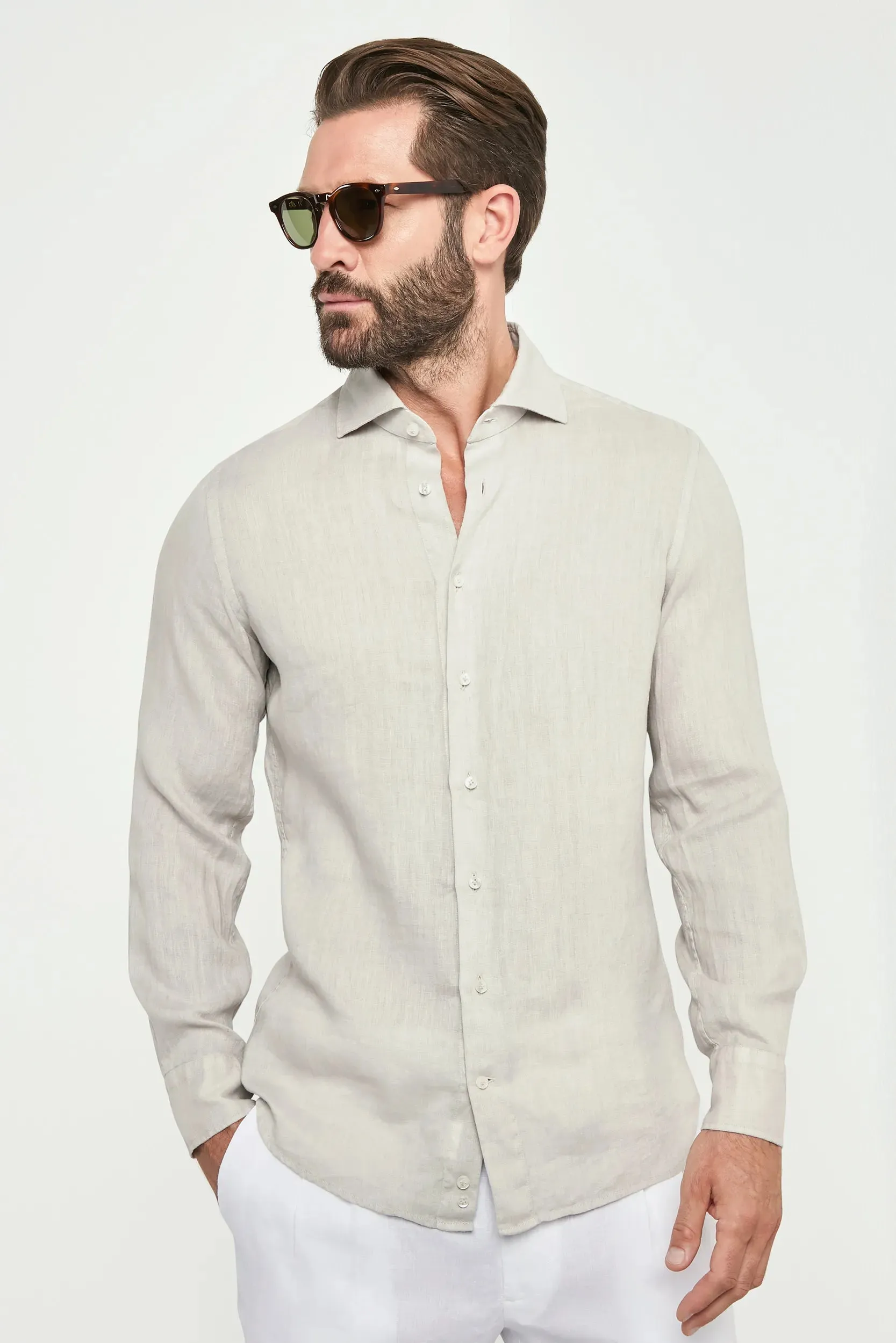 Light stone garment dyed linen shirt - Made in Italy sold by Pini Parma product image thumbnail 4