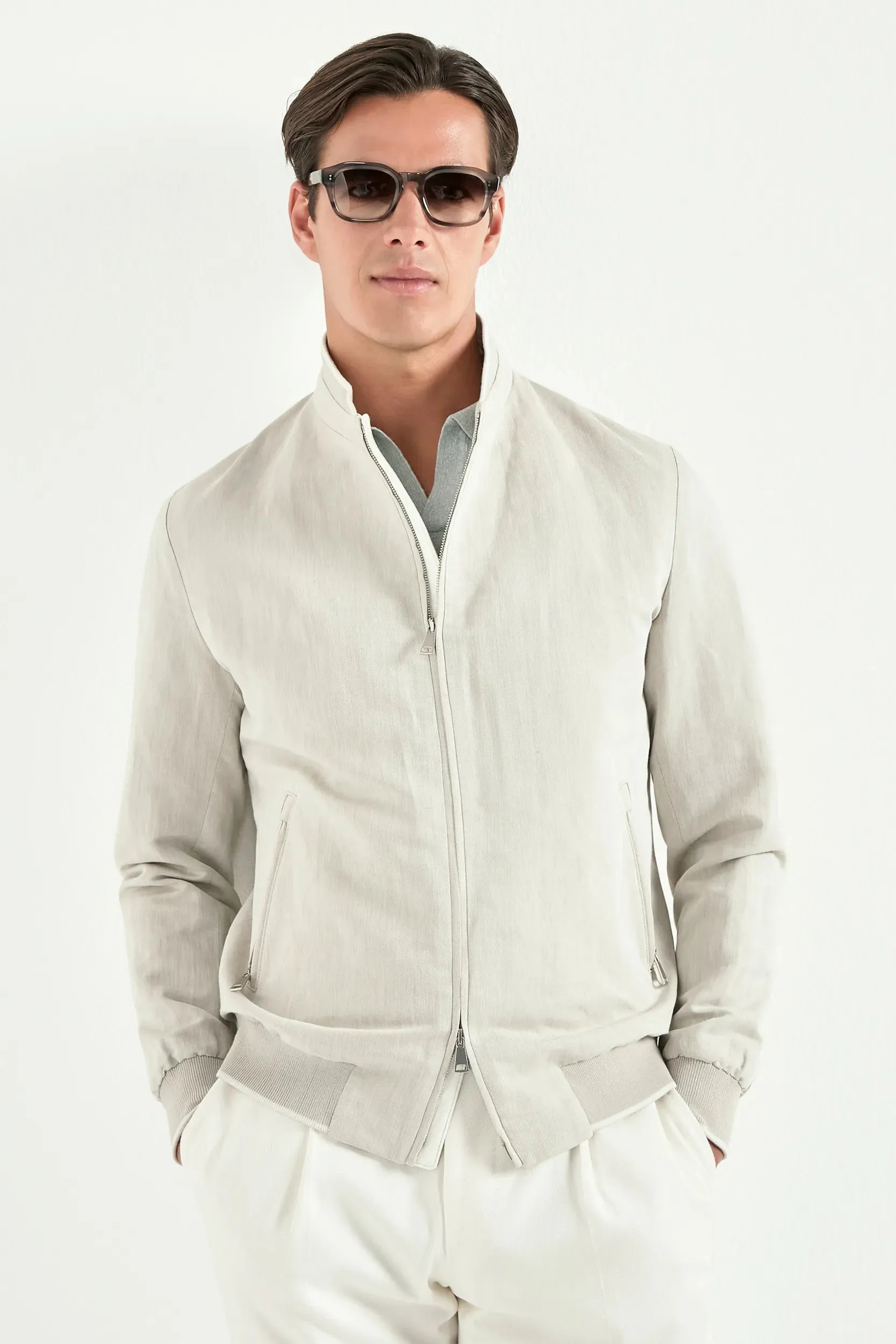Sand linen and cotton bomber - Made in Italy sold by Pini Parma