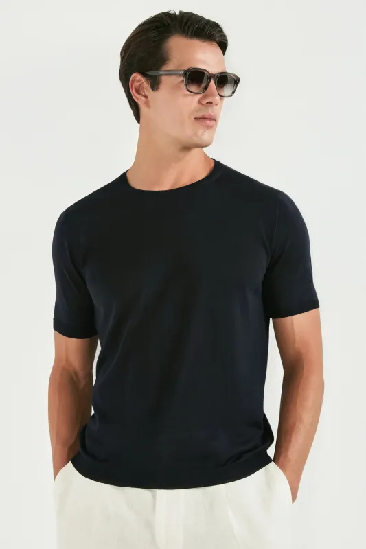 Dark navy wool t-shirt - Made in Italy made by Pini Parma