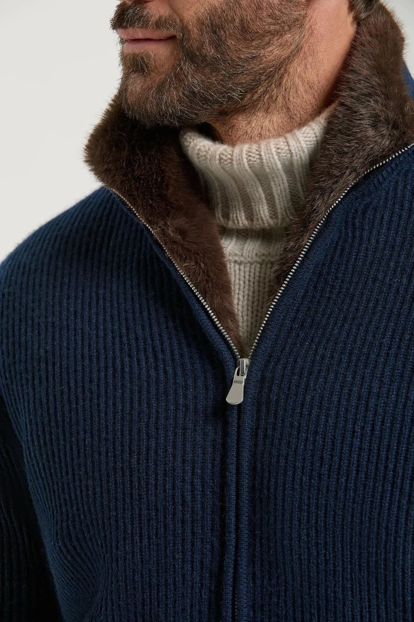 Blue cashmere knitted bomber with fur - Made in Italy sold by Pini Parma product image thumbnail 2