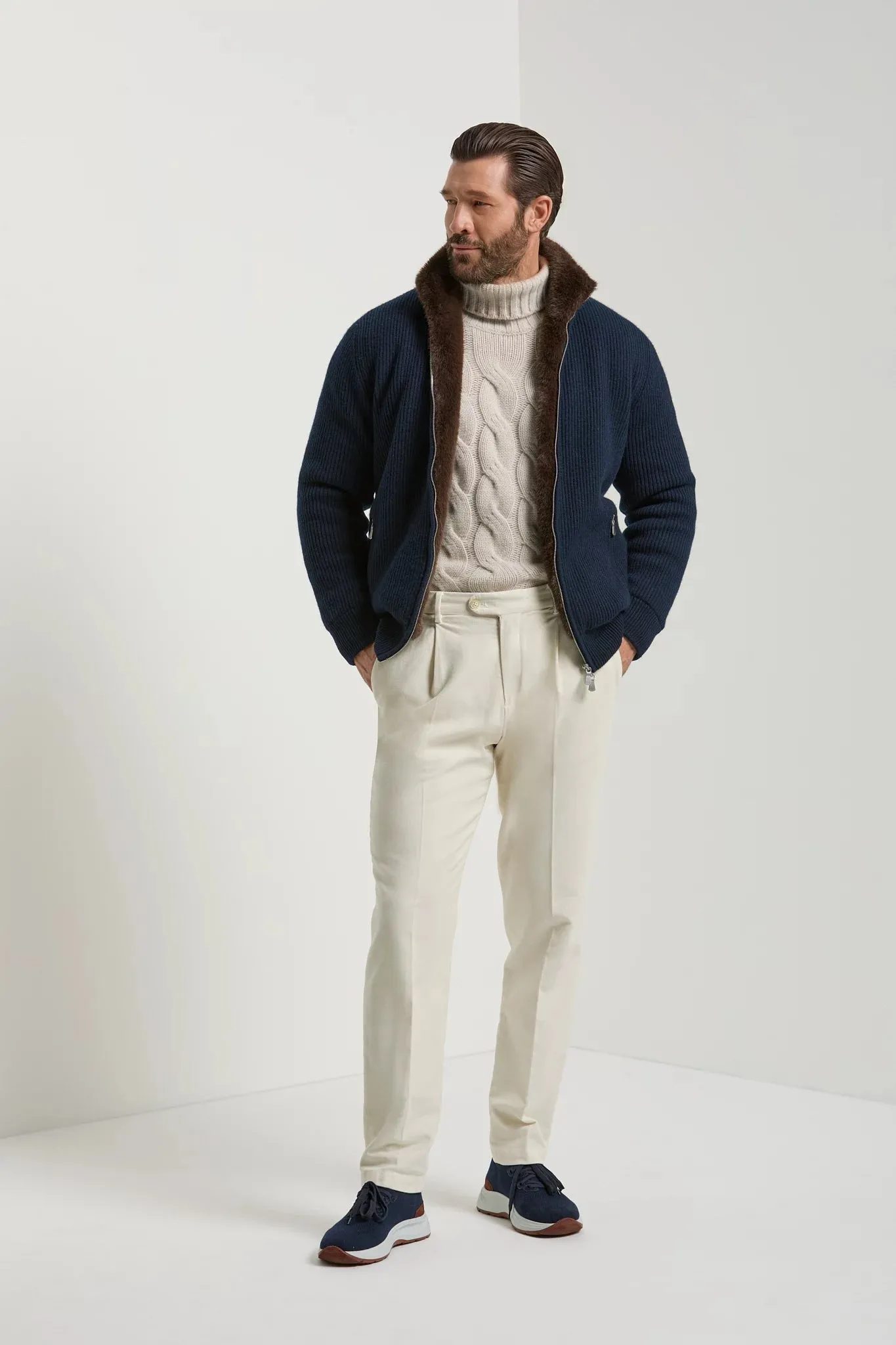 Blue cashmere knitted bomber with fur - Made in Italy sold by Pini Parma product image thumbnail 5