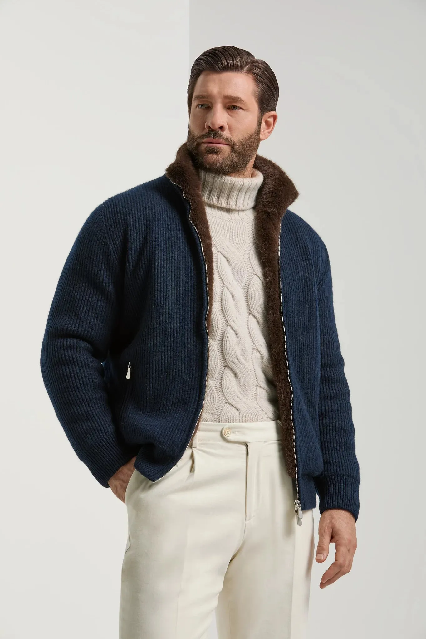 Blue cashmere knitted bomber with fur - Made in Italy sold by Pini Parma