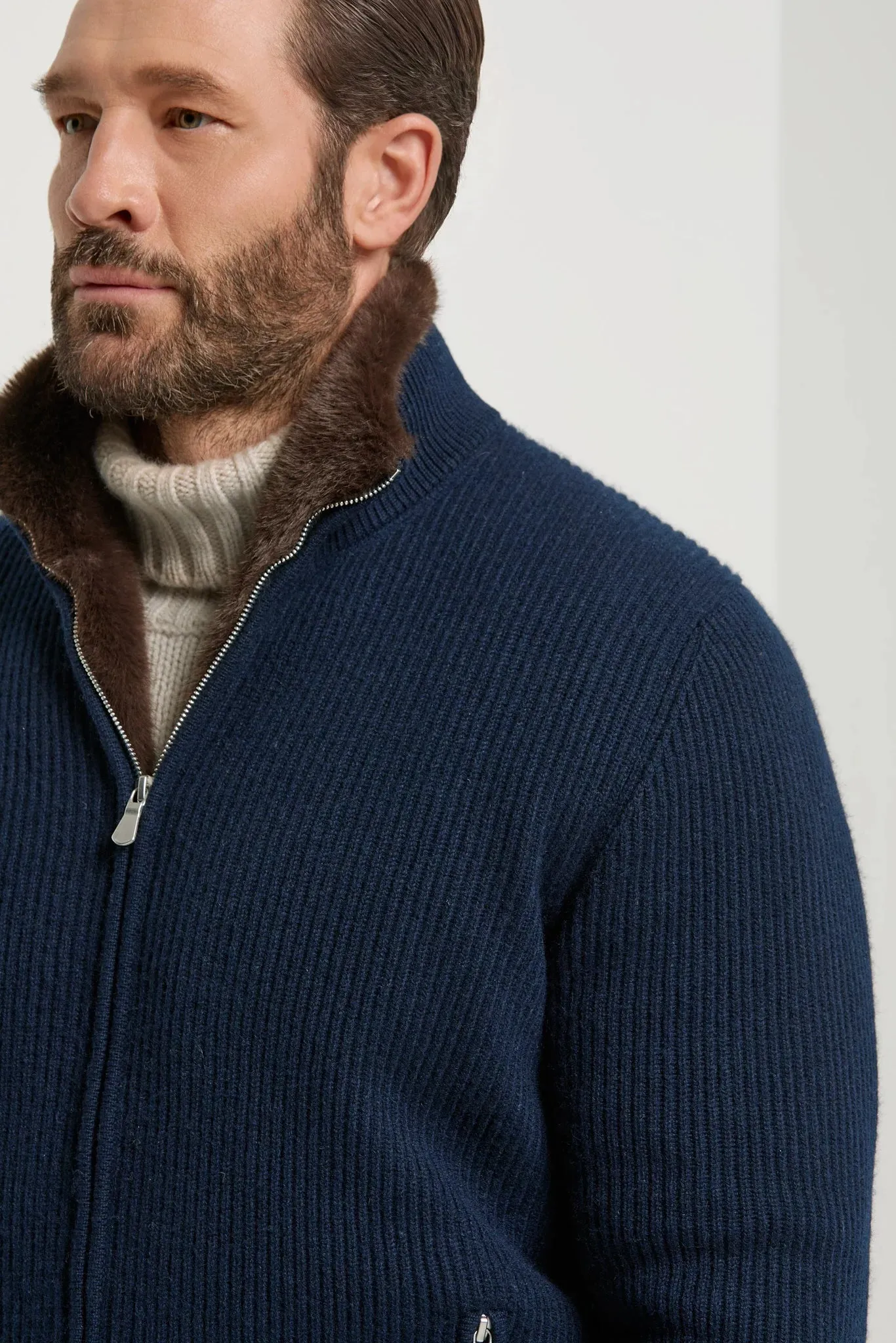 Blue cashmere knitted bomber with fur - Made in Italy sold by Pini Parma product image thumbnail 3