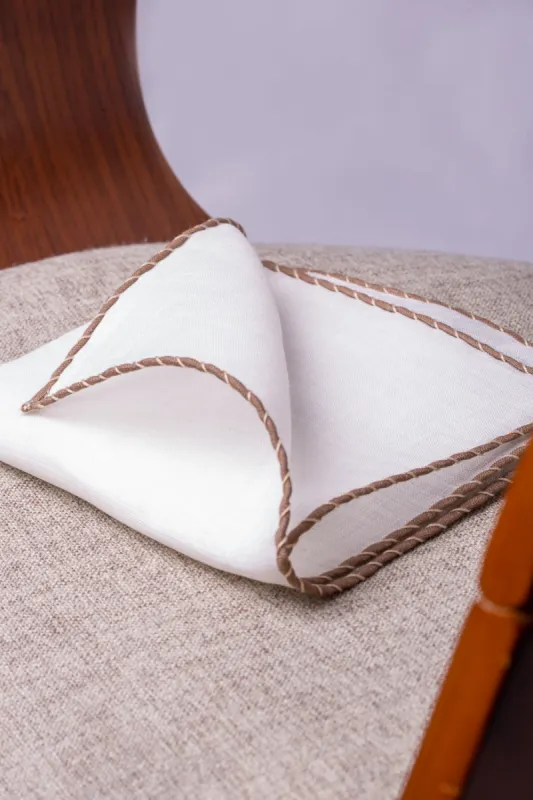 White linen pocket square with taupe and beige edges  - Made in Italy sold by Pini Parma