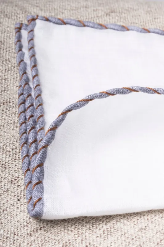White linen pocket square with grey and cognac edges  - Made in Italy sold by Pini Parma