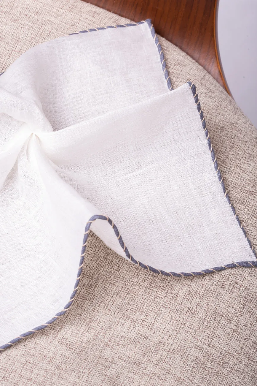 White linen pocket square with grey and beige edges - Made in Italy sold by Pini Parma product image thumbnail 3