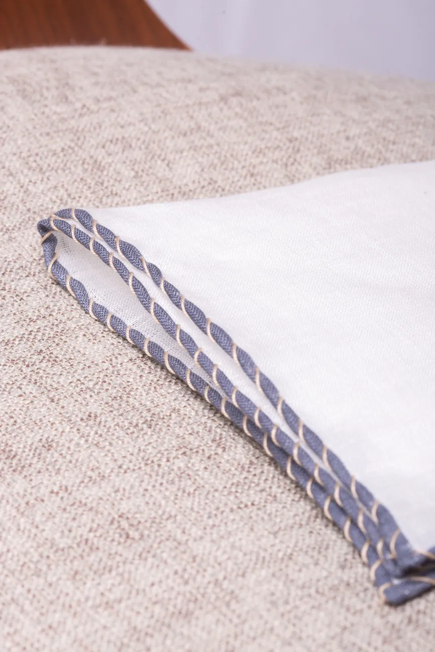 White linen pocket square with grey and beige edges - Made in Italy sold by Pini Parma