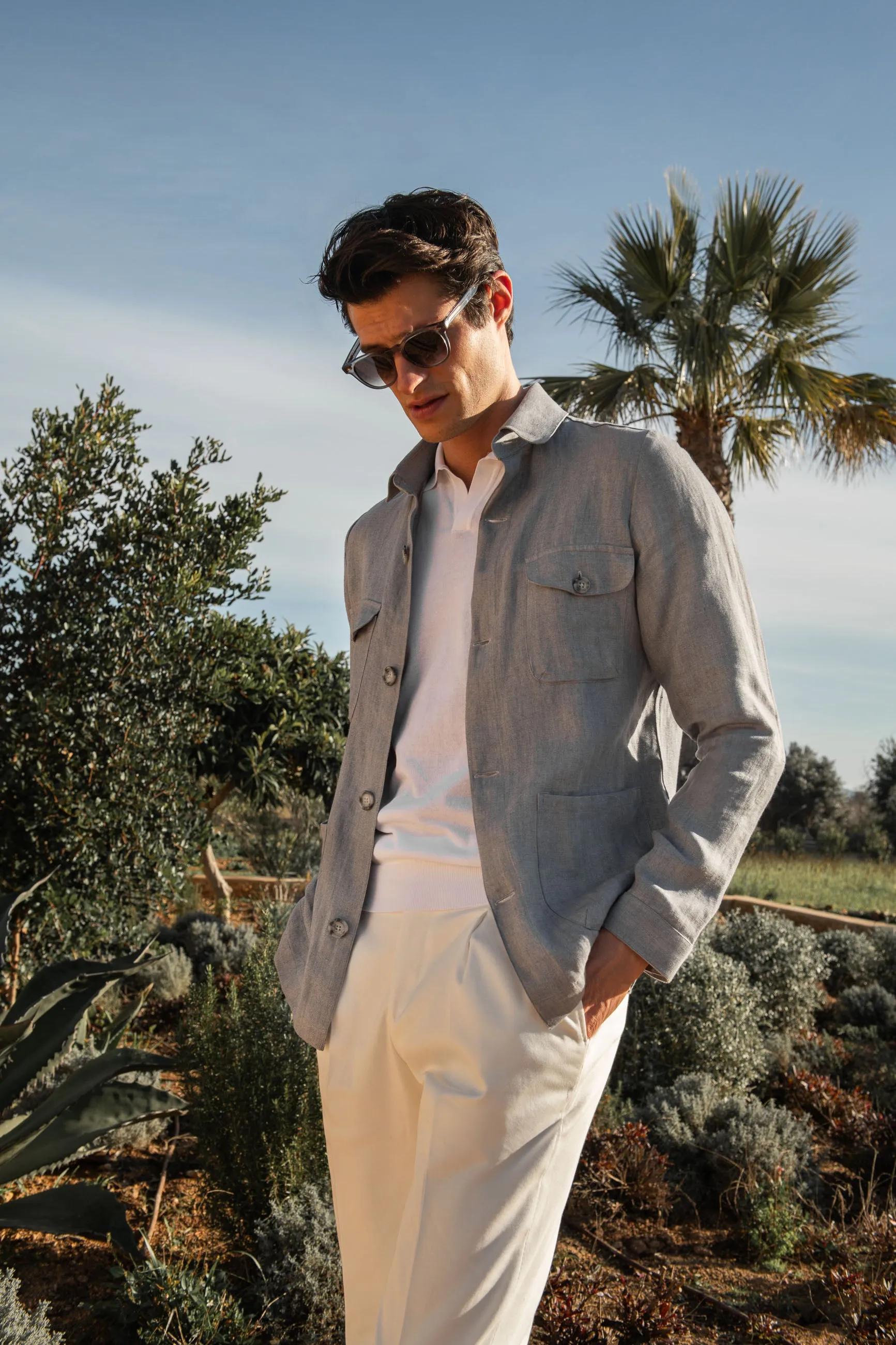 Sky grey herringbone linen Safari Jacket – Made in Italy sold by Pini Parma