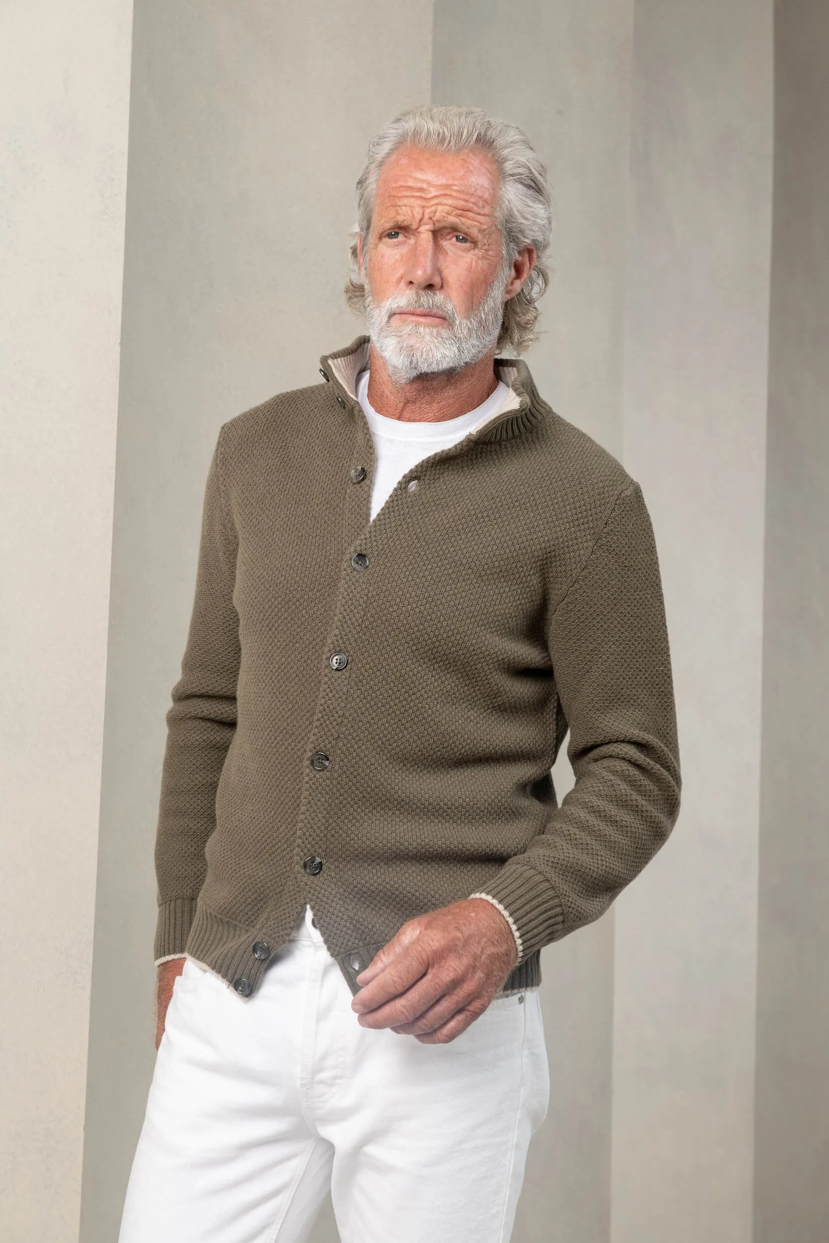 Green textured cashmere blend cardigan – Made in Italy sold by Pini Parma