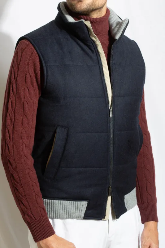 Blue vest with zip in Loro Piana wool with Rain System®– Made in Italy sold by Pini Parma